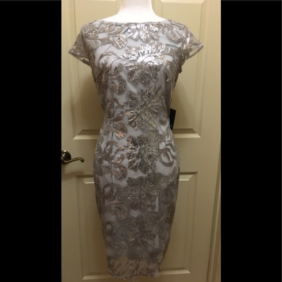 MARINA Dresses & Skirts - Marina Petite Embroidered Lace Dress Silver 6P